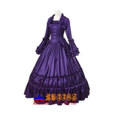 画像2: ダークパープル ゴシックロリータ ヴィクトリアンフレアスリーブ ロングドレス 宮廷風ワンピース コスプレ衣装 abccos製 「受注生産」 (2)