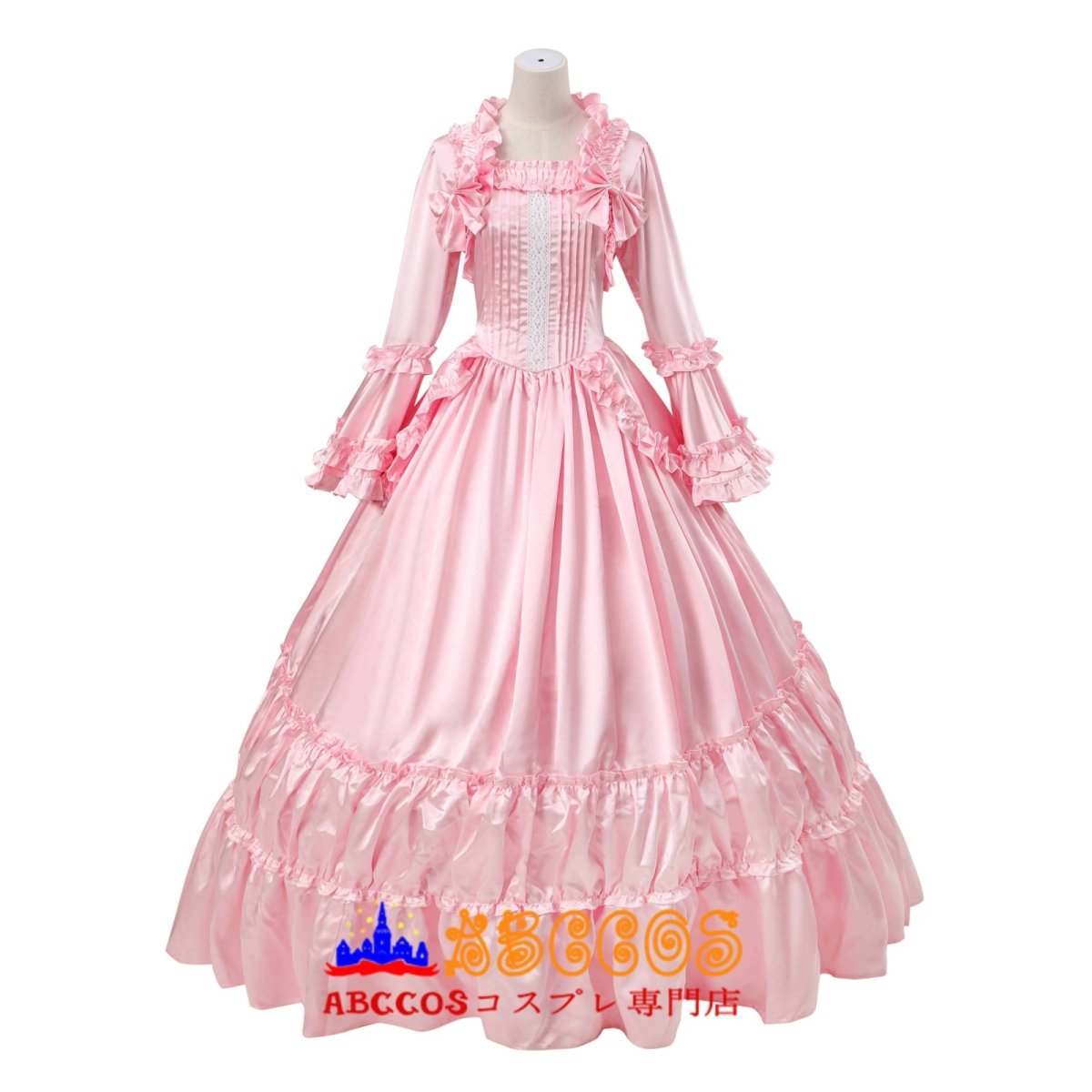 画像1: ゴシック風フレアスリーブ ロングワンピース ライトピンク ロリータ 宮廷ドレス コスプレ衣装 abccos製 「受注生産」 (1)