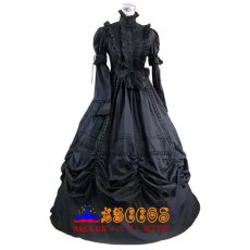 画像1: ダーク系 ブラック無地 コットン ゴシックロリータ 立襟 切替えスリーブ ロングワンピース 宮廷風 コスプレ衣装 abccos製 「受注生産」 (1)