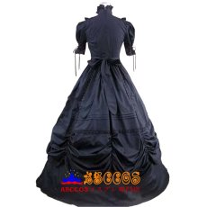 画像4: ダーク系 ブラック無地 コットン ゴシックロリータ 立襟 切替えスリーブ ロングワンピース 宮廷風 コスプレ衣装 abccos製 「受注生産」 (4)