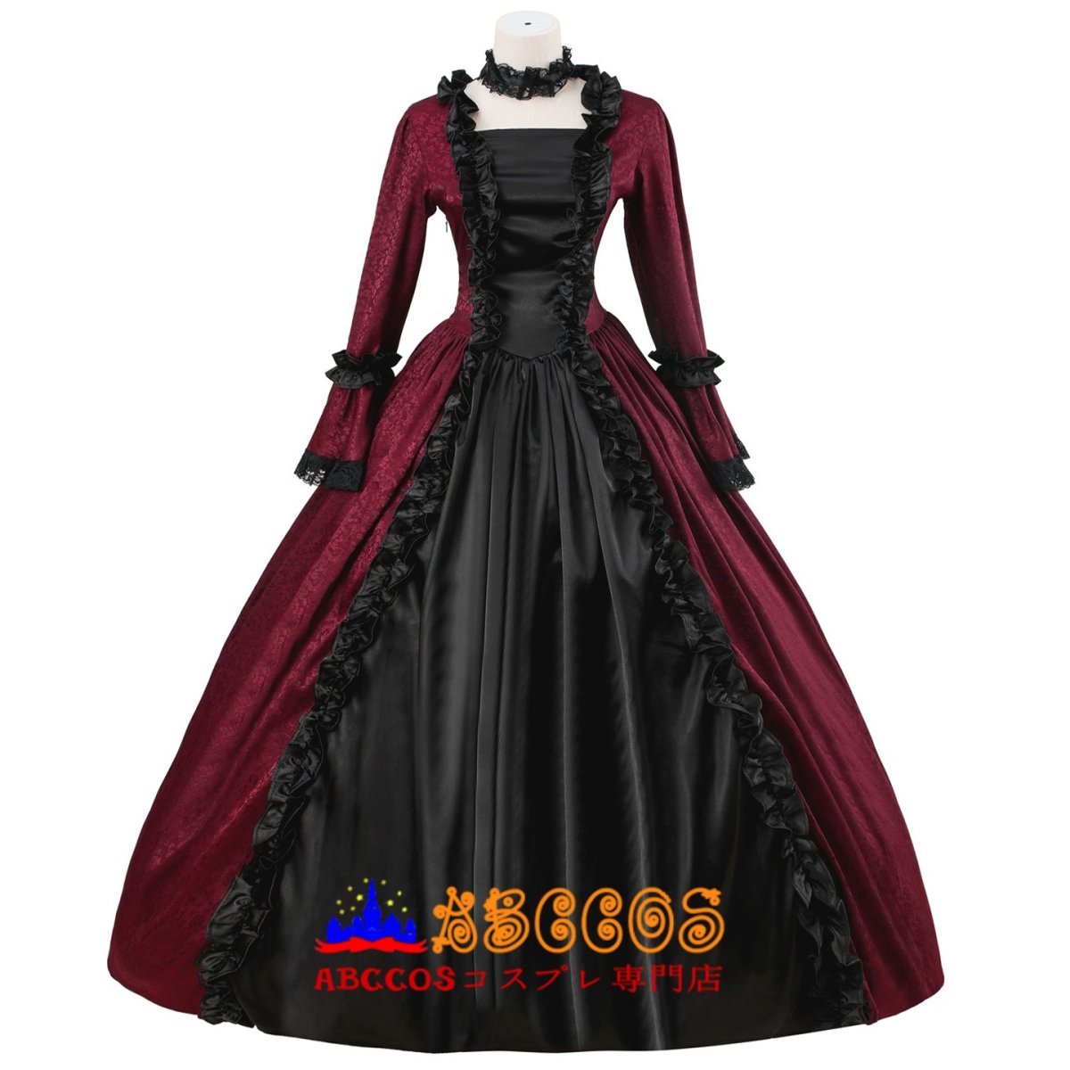 画像1: ワインレッド シャドウ柄ジャカード ヨーロッパ宮廷風 ゴシックロリータドレス オーダーメイド コスプレ衣装 abccos製 「受注生産」 (1)