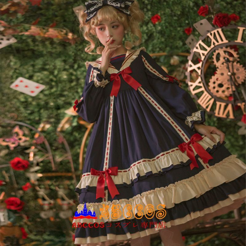 【ワンピースだけ】ロリータ風　ドレス　お嬢様　蝶ネクタイ　ワンピース　ゴスロリ風　森ガール　可愛い　長袖　プリンセス　洋服 abccos製 「受注生産」