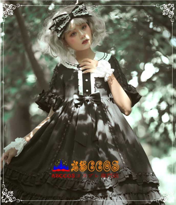 ABCCOSコスプレ専門店」ロリータ風 lolita お嬢様 ドレス 森ガール ゴシック フリル レディース ブラック 洋服 コスプレ 蝶結び ロリータ服  製作・通販